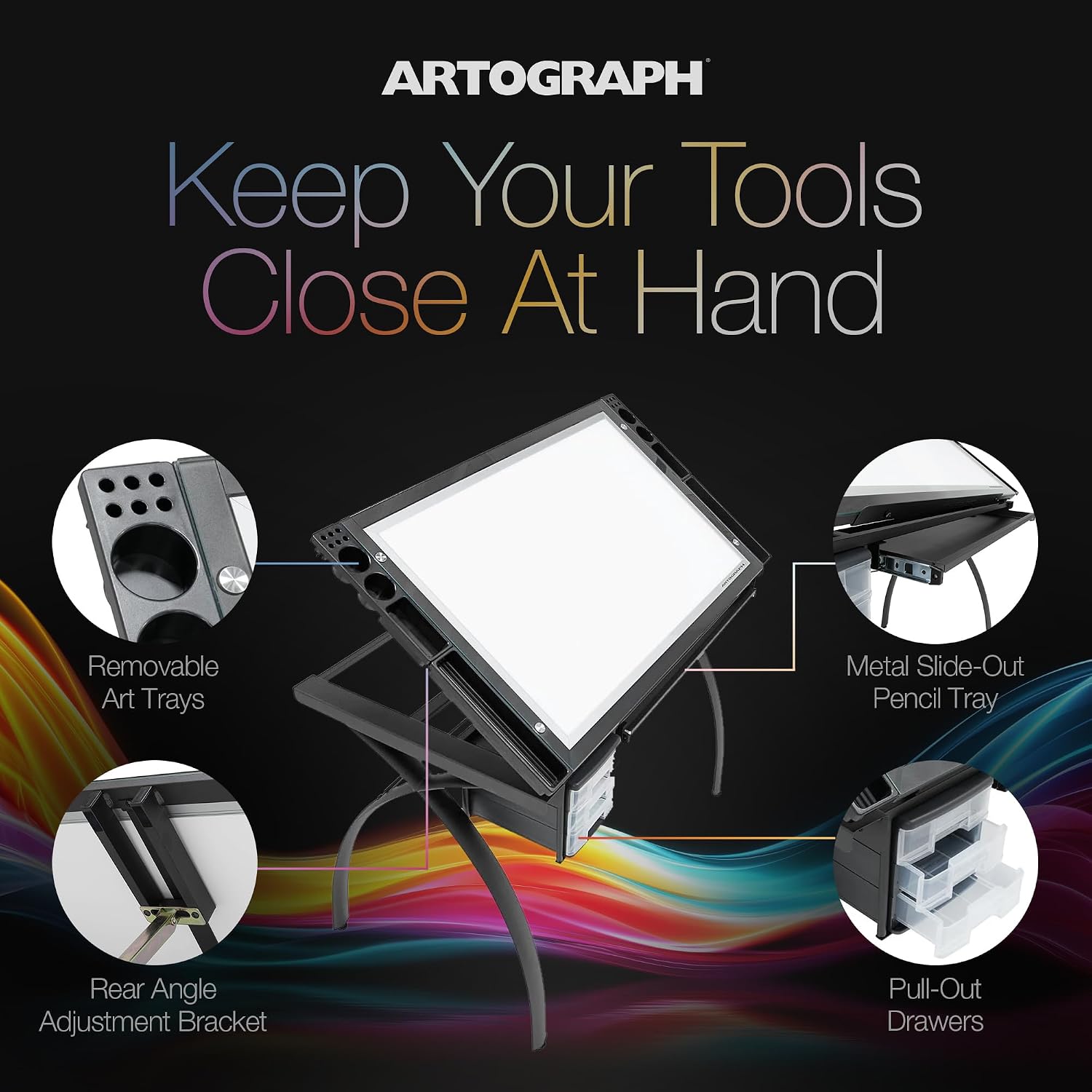 Artograph Futura Light Tracing Table for Artists with Storage and Adjustable Stand, Dimmable Night Glass Work Top
