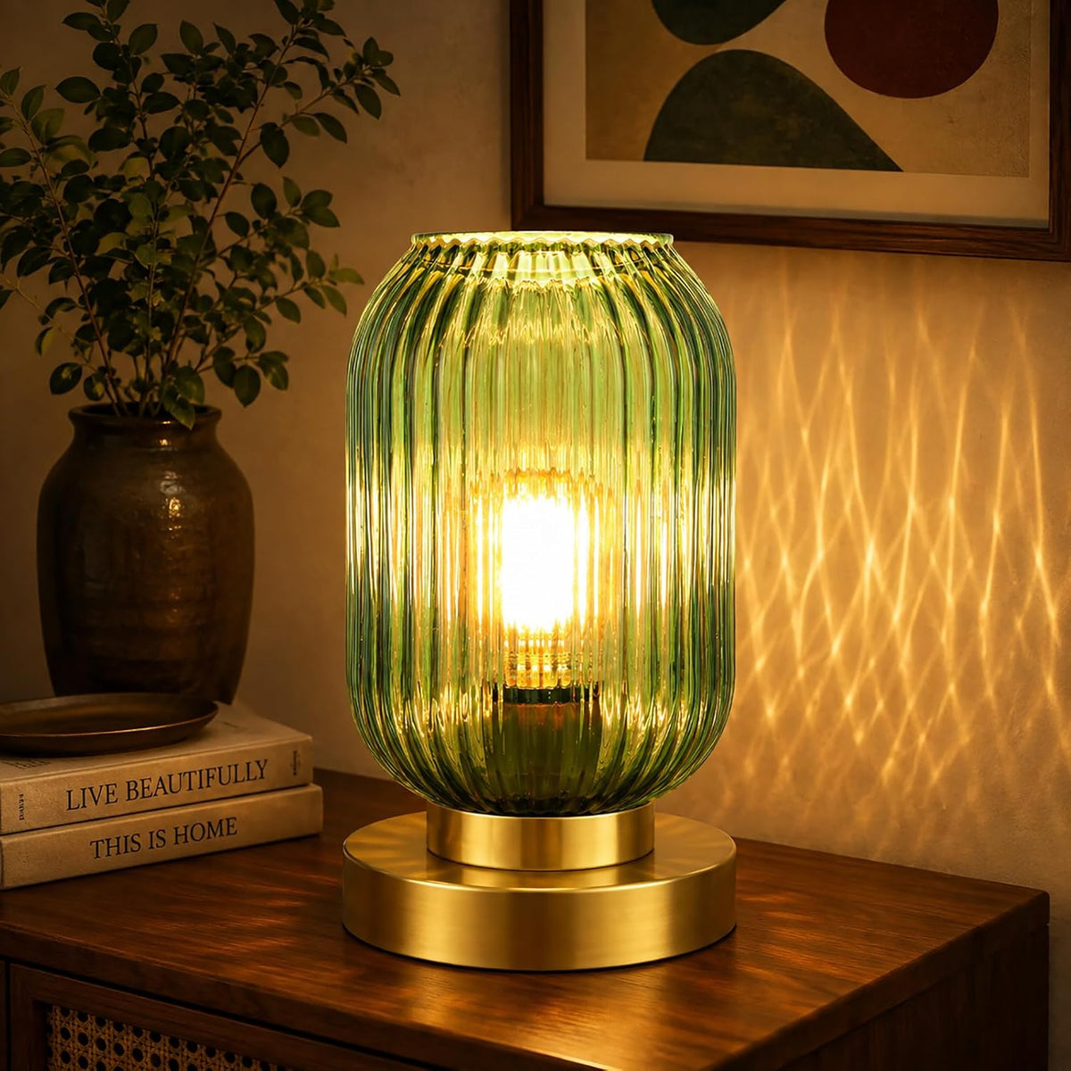 Mid Century Modern Gold Table Lamp with Ribbed Green Glass Shade