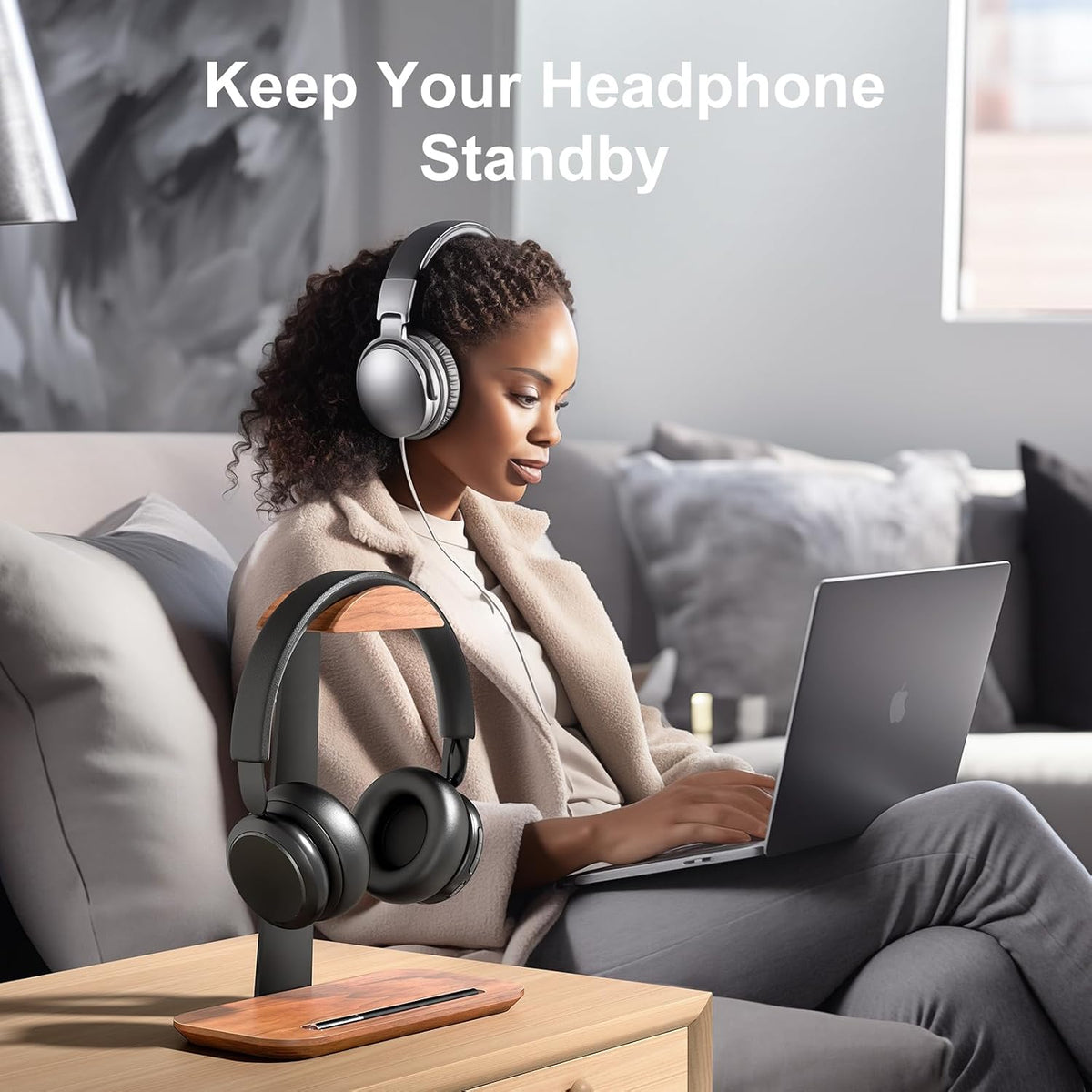 UPERGO Walnut Headphone Stand, Wood Headset Holder with Storage for Desk