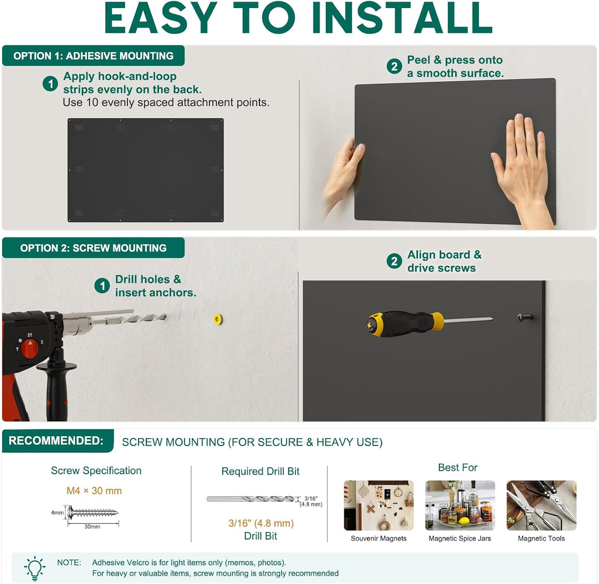 36" x 24" Magnetic Board for Wall, Heavy Duty, Black