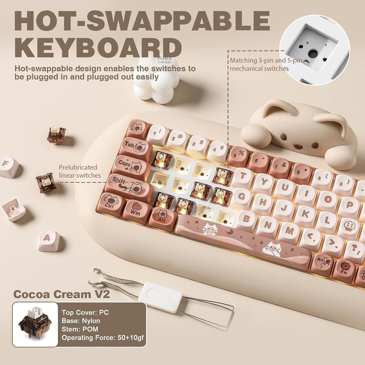 YUNZII C68 Silicone Cute Cat Mechanical Keyboard (Brown,Cocoa Cream Switch)