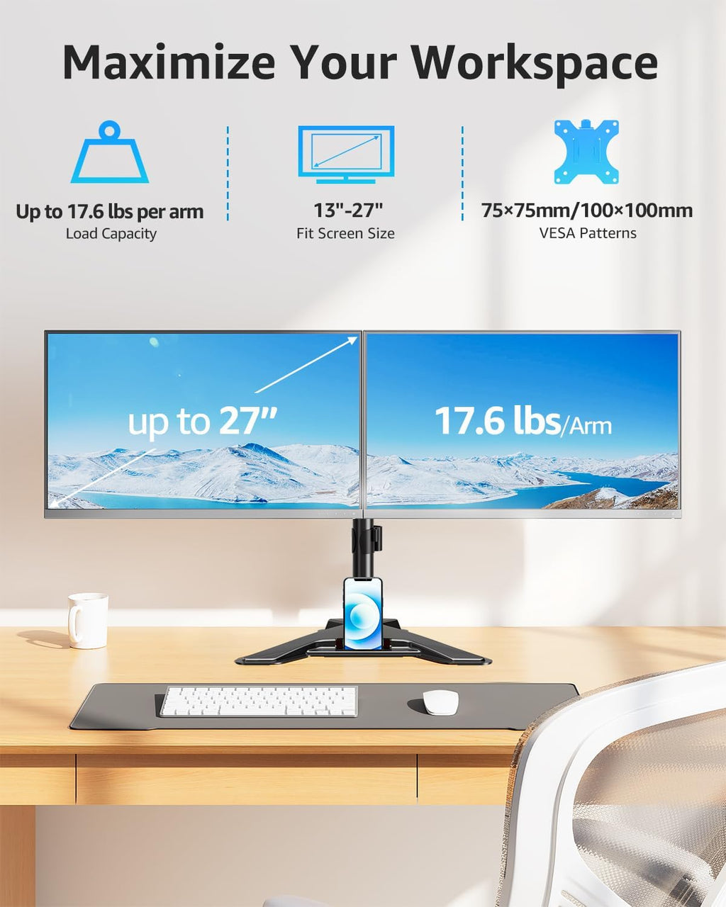 mountup dual monitor stand - freestanding & height shown in use