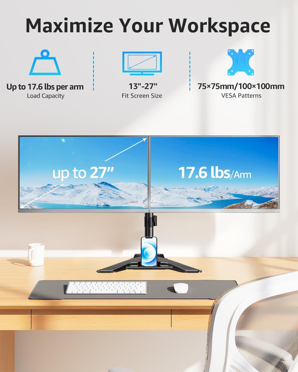 mountup dual monitor stand - freestanding & height shown in use