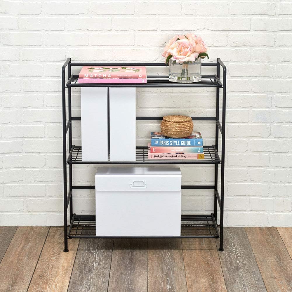 Folding Metal Bookcase, 3 Shelves, Wide, Black