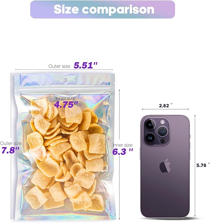 5.5x7.8 inch Holographic Packaging Bags, Resealable Foil Pouch Mylar Sample Bag - Image 2