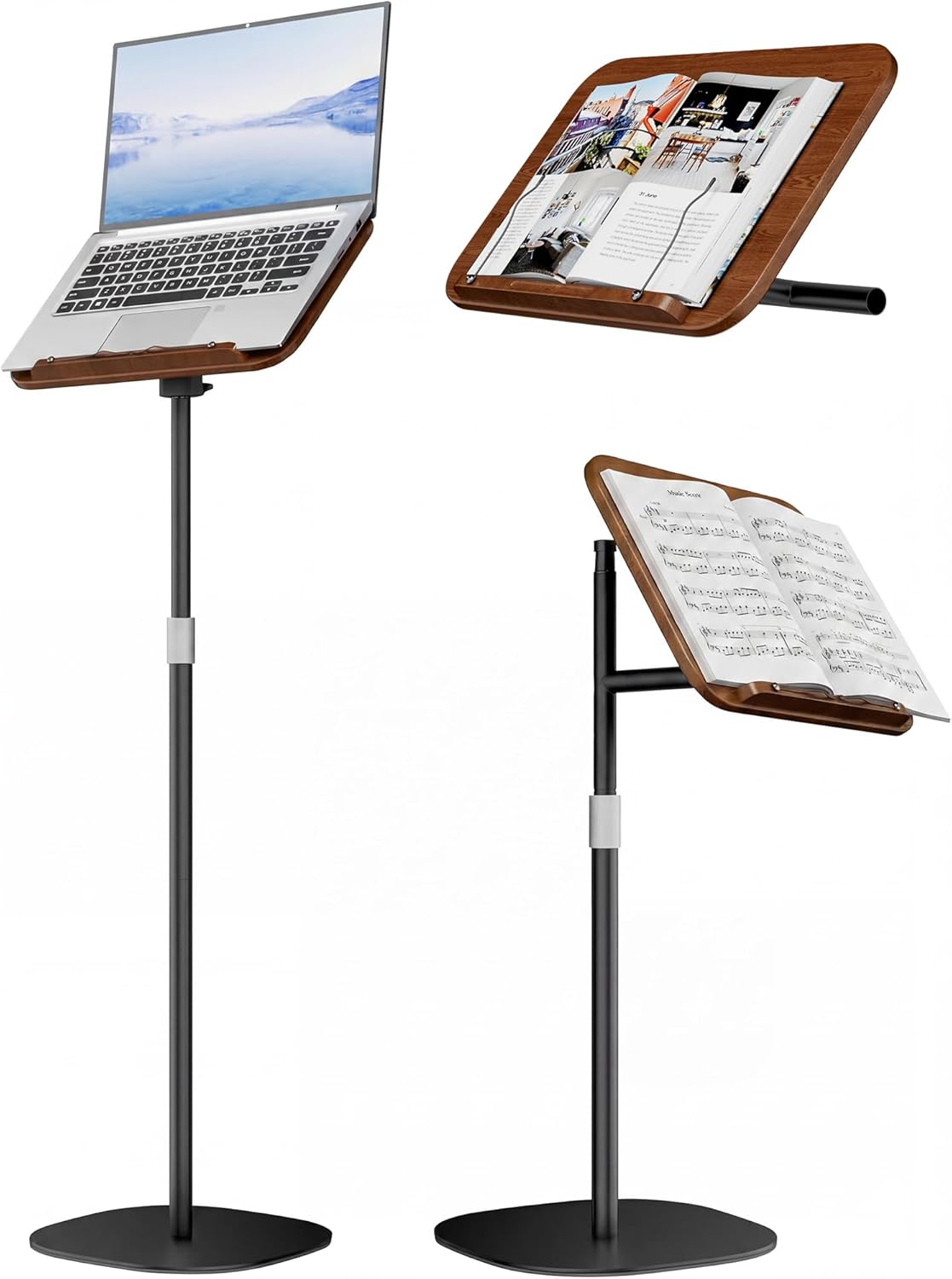 Laptop Stand Floor, Wood Music Stand, Tablet Floor Stands Adjustable Height, Tall Book Stand Hands Free, for Projector, Office, Study, Brown