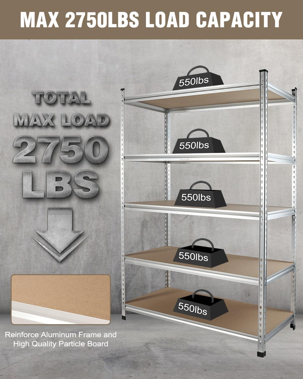 workpro 5-tier shelving, 48”w x 24”d x 72”h showing dimensions
