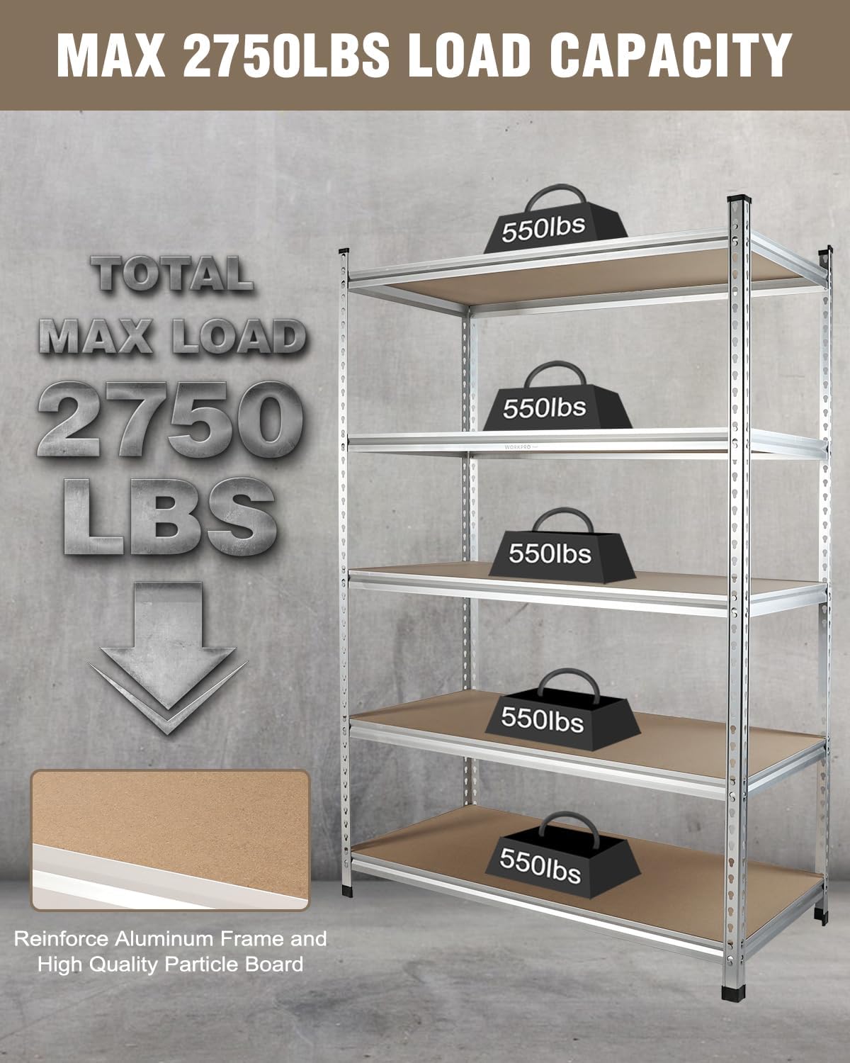 workpro 5-tier shelving, 48”w x 24”d x 72”h showing dimensions