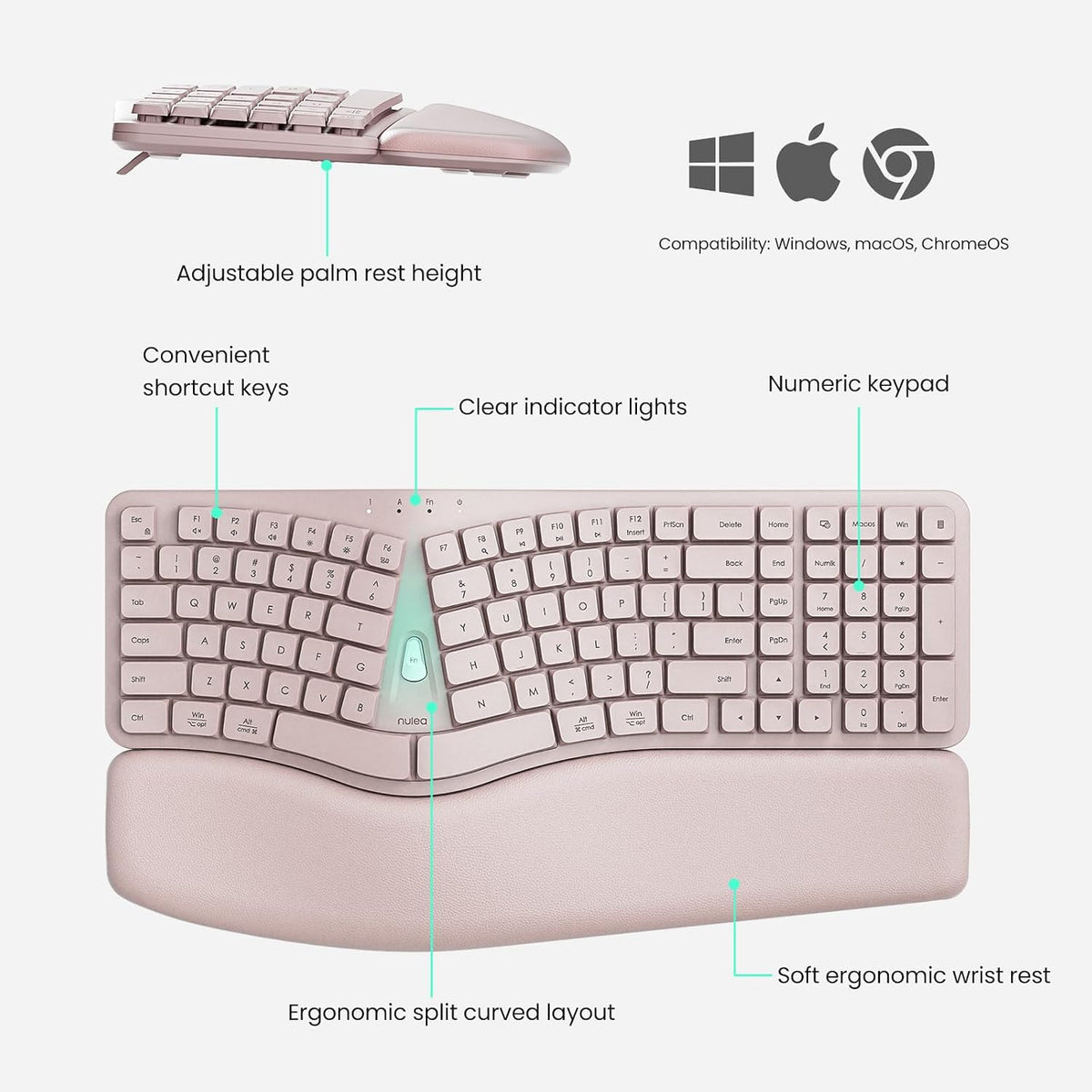 Nulea Ergonomic Keyboard, Wired Keyboard with Split Design and Palm Rest, Vol...