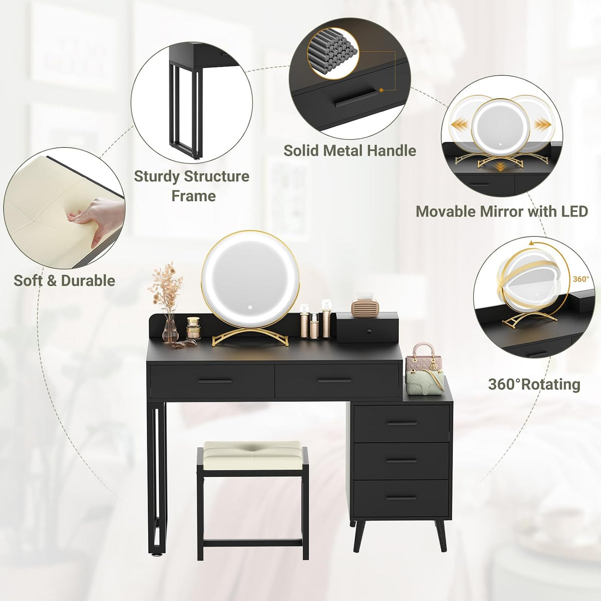 Armocity Black Vanity Desk with Mirror and Lights, Modern Makeup Vanity Table...
