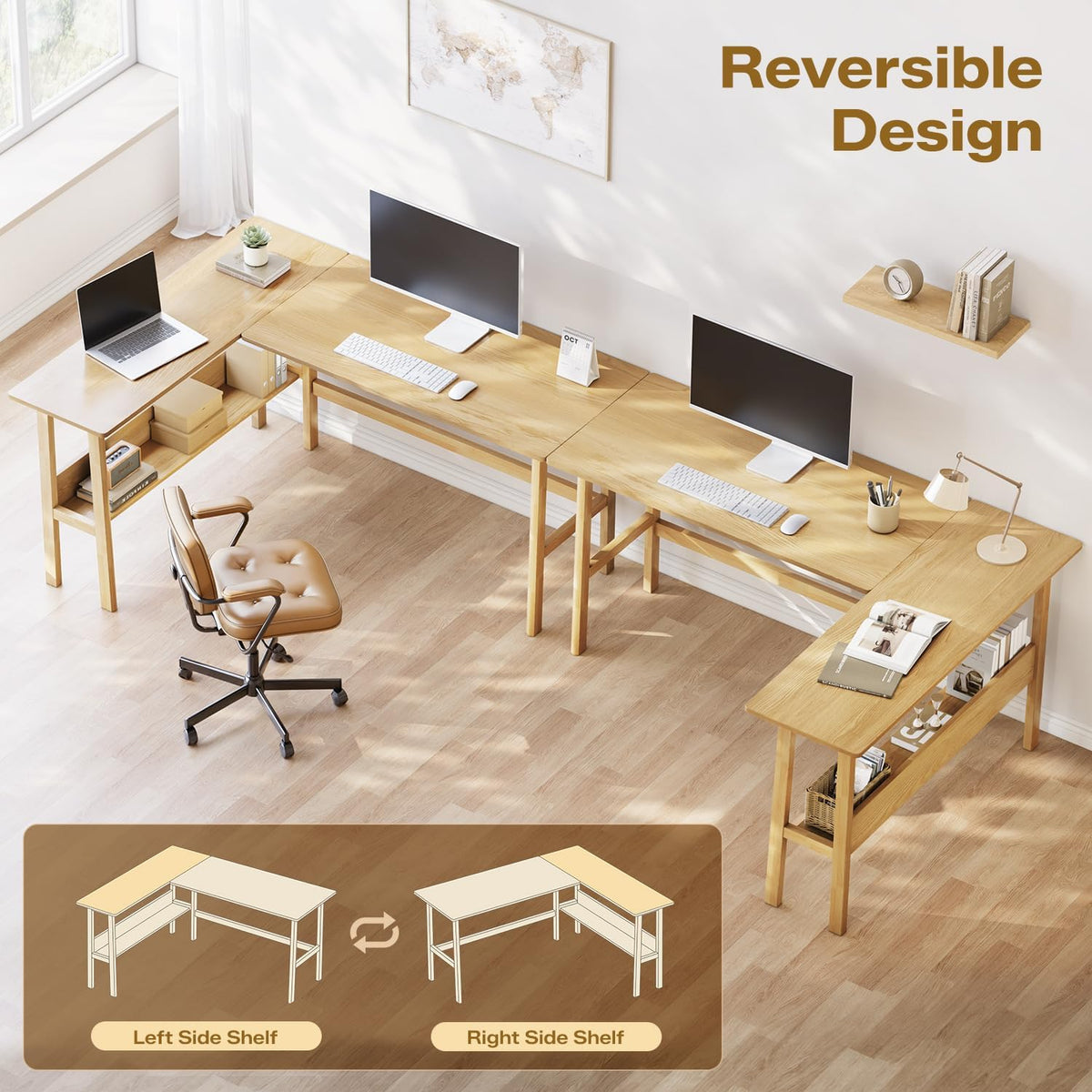 NELYE 63" Reversible L Shaped Desk with Shelf for Home Office, Oak