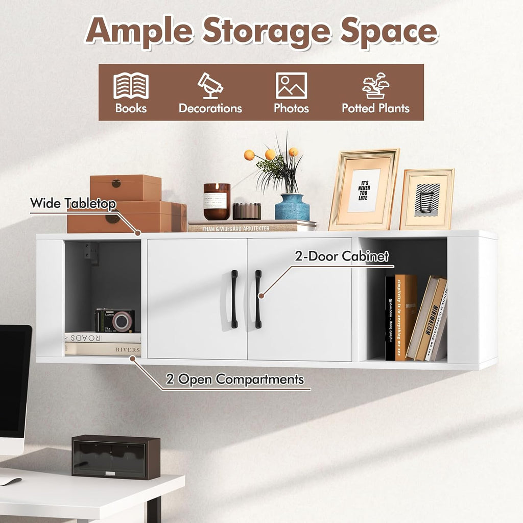 GIANTEX Wall Mounted Storage Cabinet 2 Cube Floating Media Hanging Desk W/2 Doors and 2 Open Shelves, Home Office Furniture for Kitchen, Bathroom, Living Room Floating Console Hutch (White)