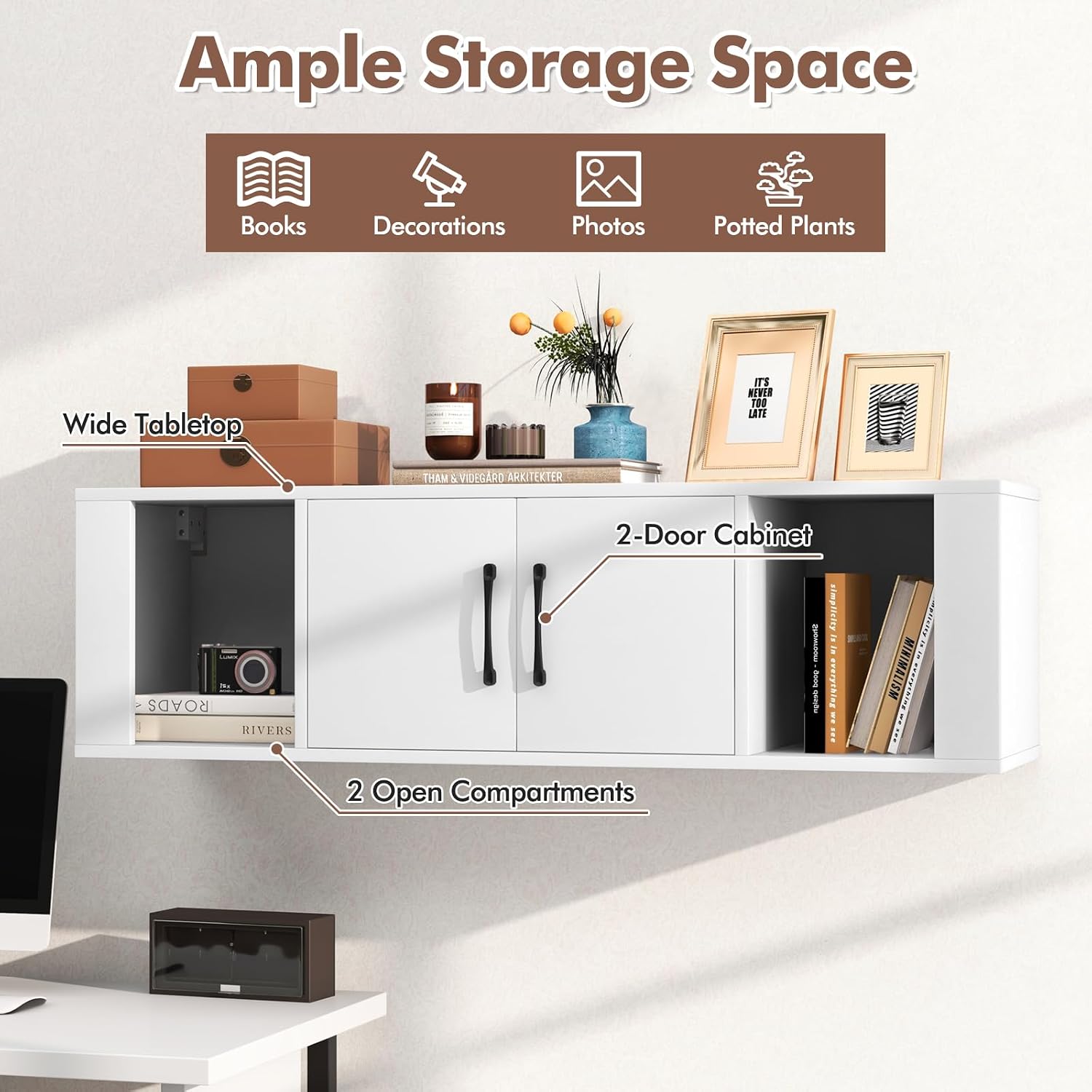 GIANTEX Wall Mounted Storage Cabinet 2 Cube Floating Media Hanging Desk W/2 Doors and 2 Open Shelves, Home Office Furniture for Kitchen, Bathroom, Living Room Floating Console Hutch (White)