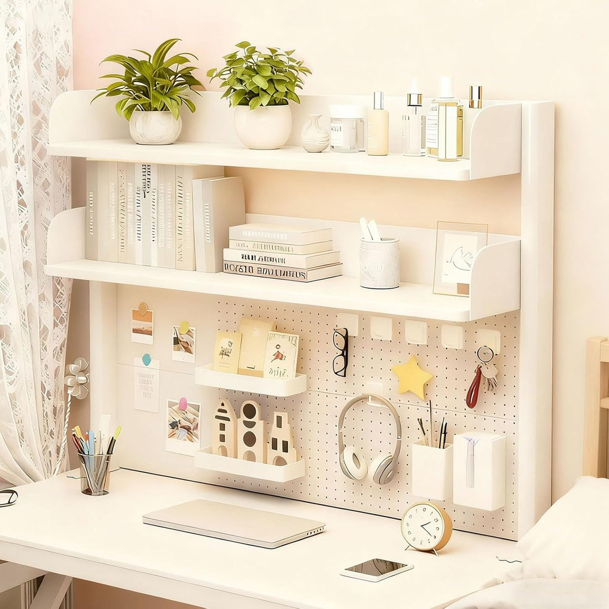 Clamp On Desk Shelf Organizer with Pegboard Desk Hutch Dorm with Storage Book...