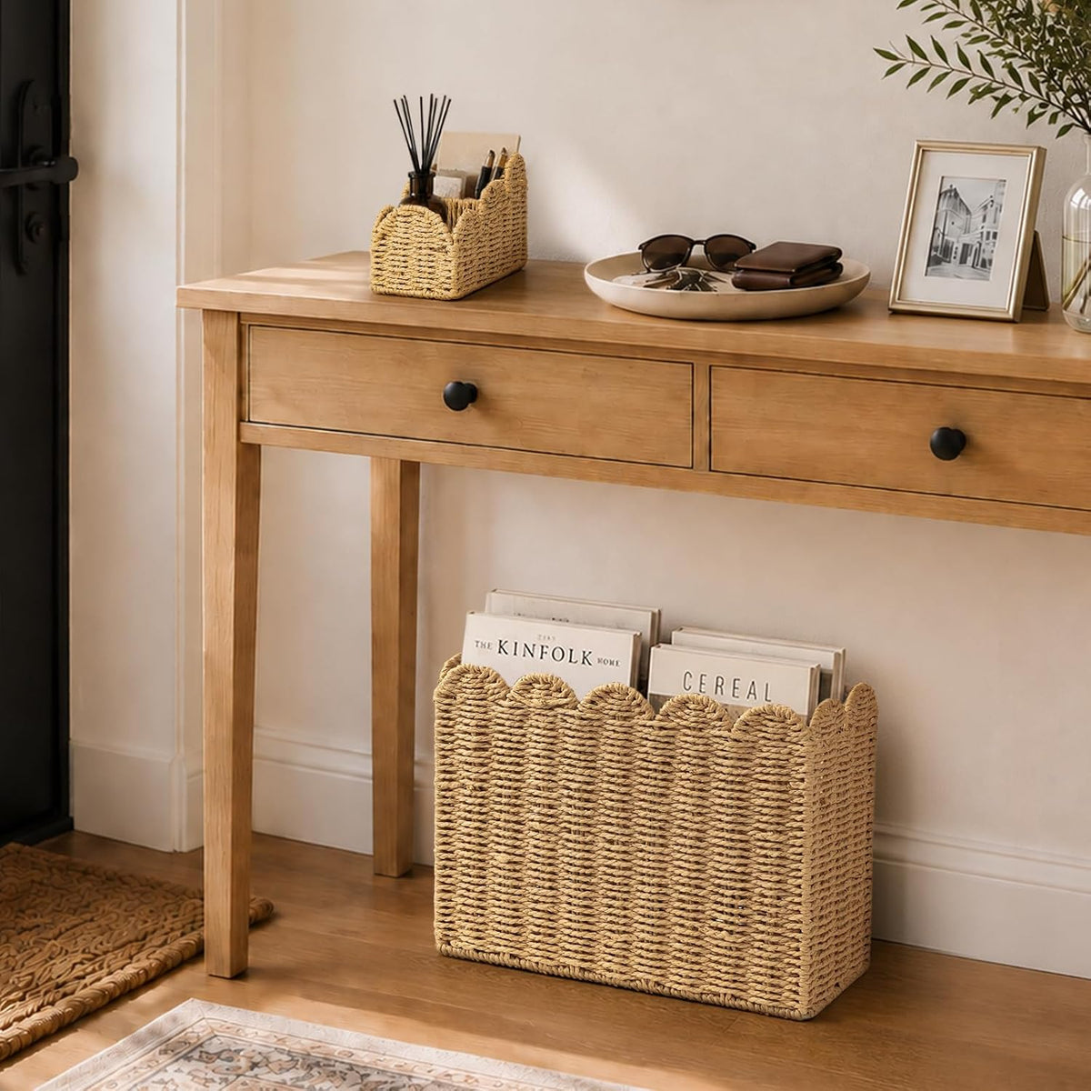 AELS Hand Woven Scalloped Basket Set, Magazine Rack & Remote Control Holder