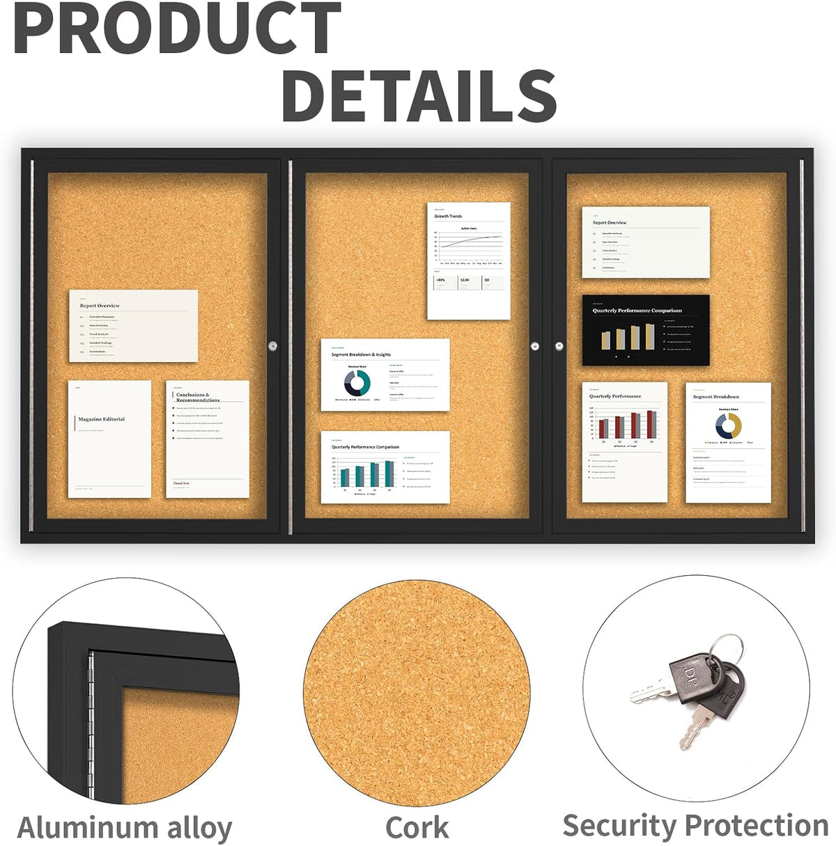 Lockable Enclosed Bulletin Board, 71 x 36 Inch 3-Door Cork Board Display Case...
