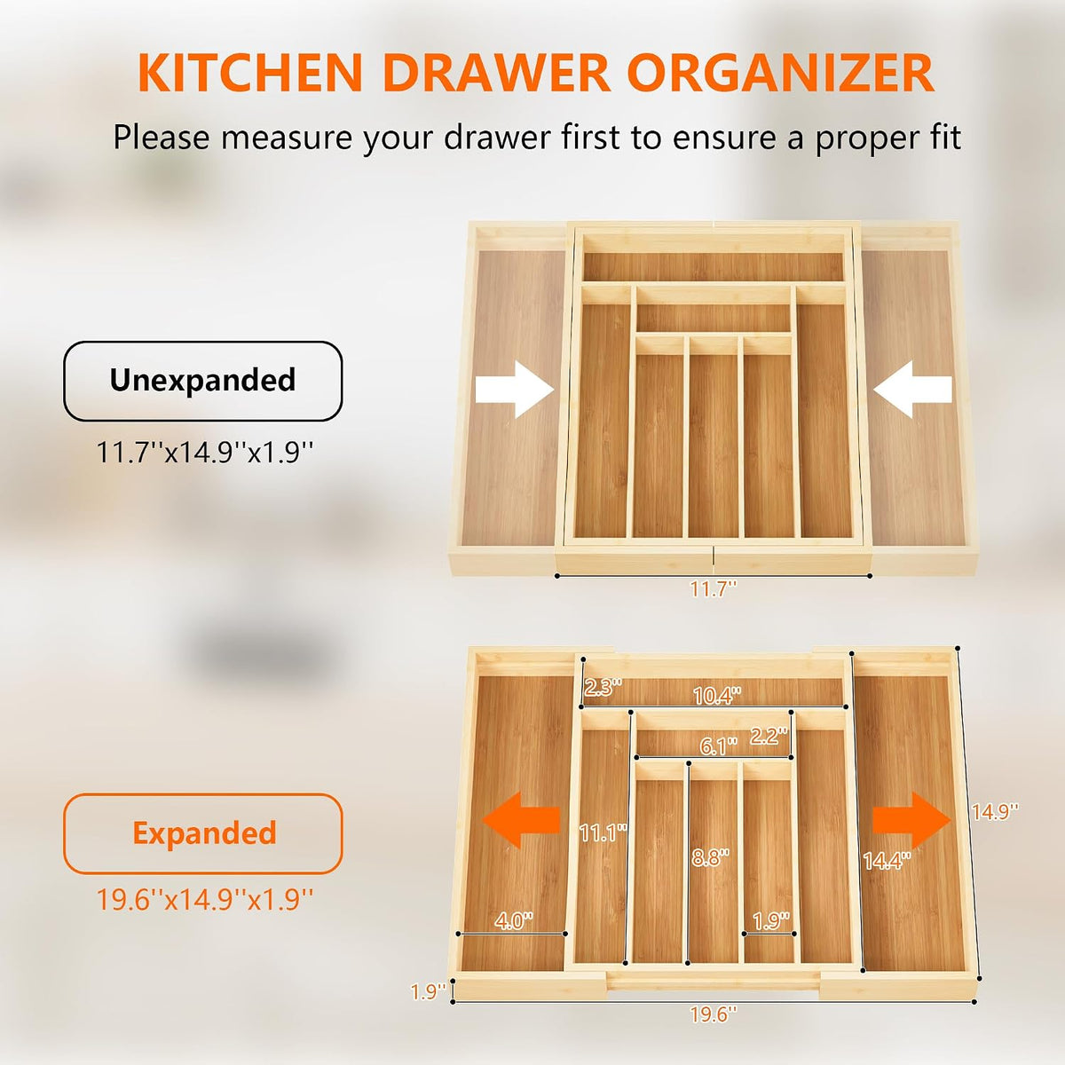Expandable Bamboo Drawer Organizer Cutlery 7-9 Slots Natural