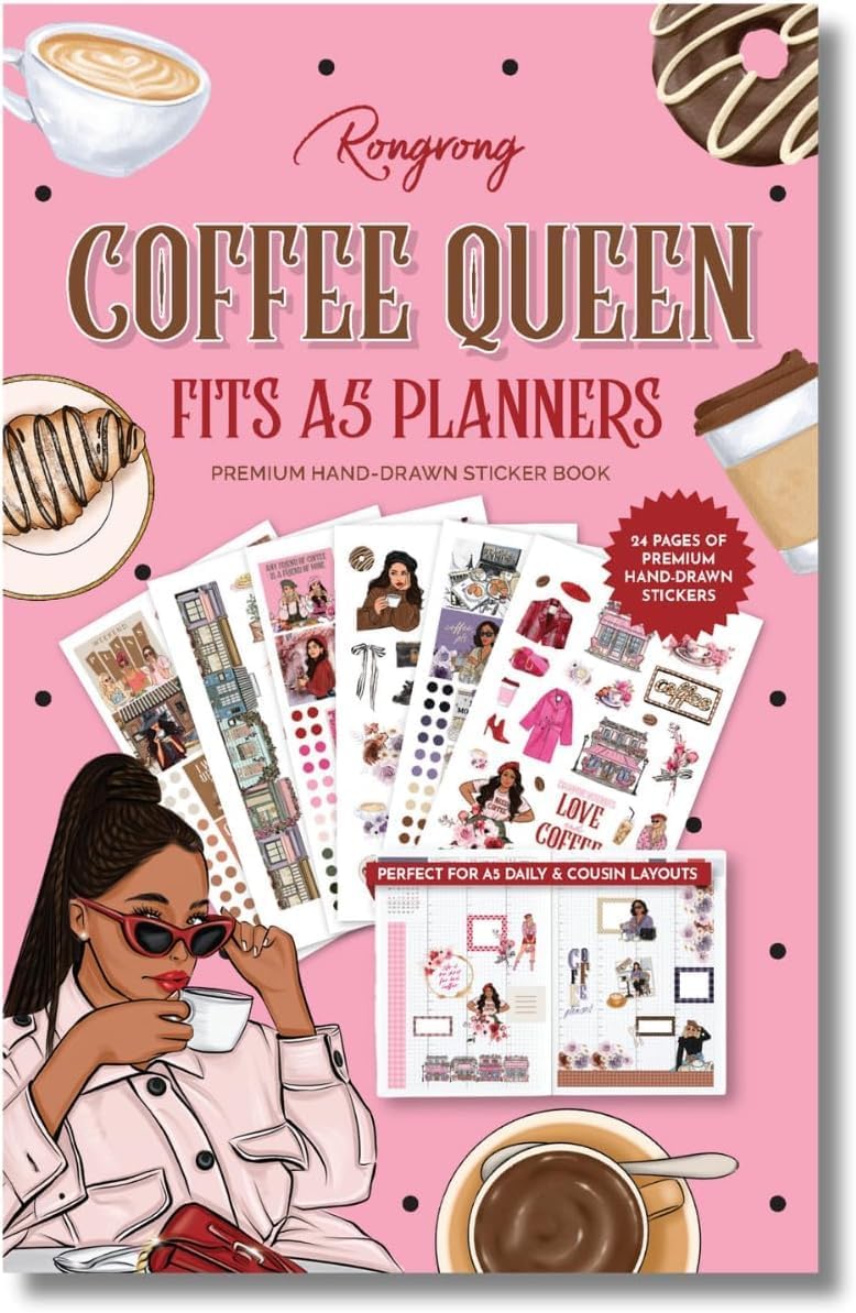 Hobonichi Compatible A5 Planner Sticker Book – Coffee Queen Collection Coffee-Themed Decorative & Functional Stickers for Cousin & Weeks Size Planners, Journals & Creative Planning