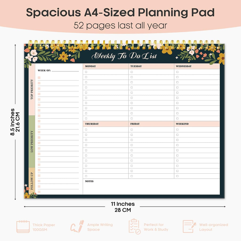 Weekly To Do List Notepad, Undated Weekly Planner Pad, 8.5" x 11" | Large Desk Planner, Weekly Task Planning, College School Supplies, for Home and Office, 52 Sheets, Rustic Floral