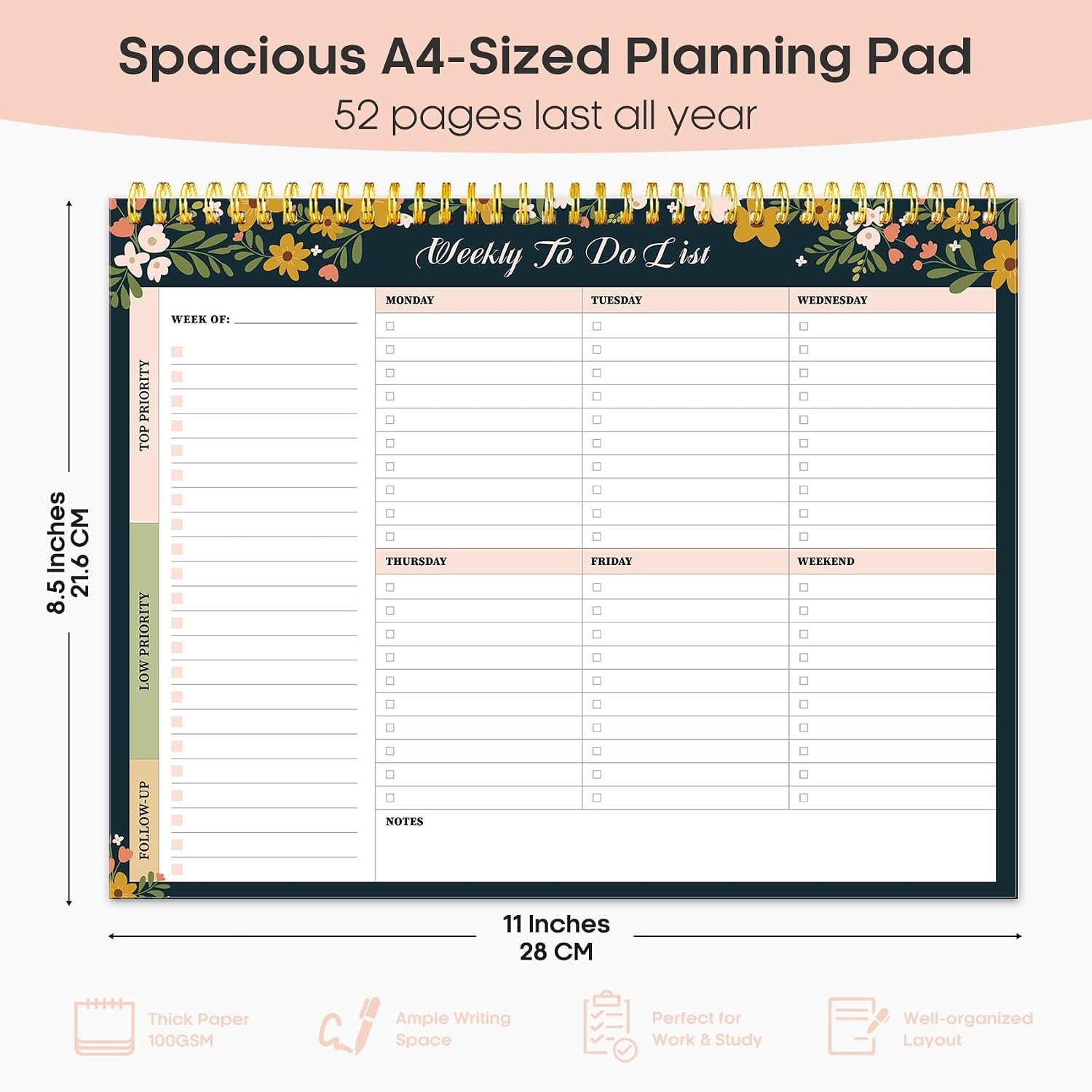 Weekly To Do List Notepad, Undated Weekly Planner Pad, 8.5" x 11" | Large Desk Planner, Weekly Task Planning, College School Supplies, for Home and Office, 52 Sheets, Rustic Floral