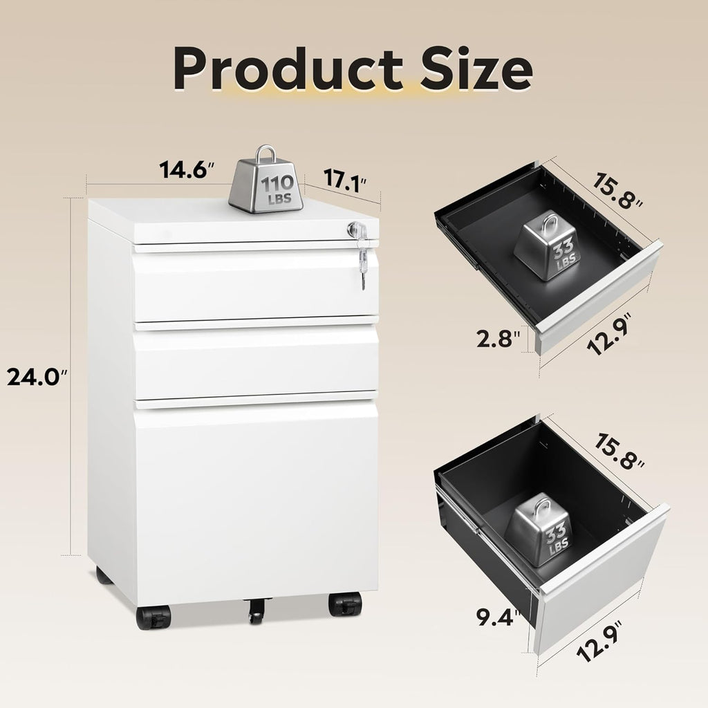 devaise 3 drawer mobile file cabinet, fully assembled, close-up detail