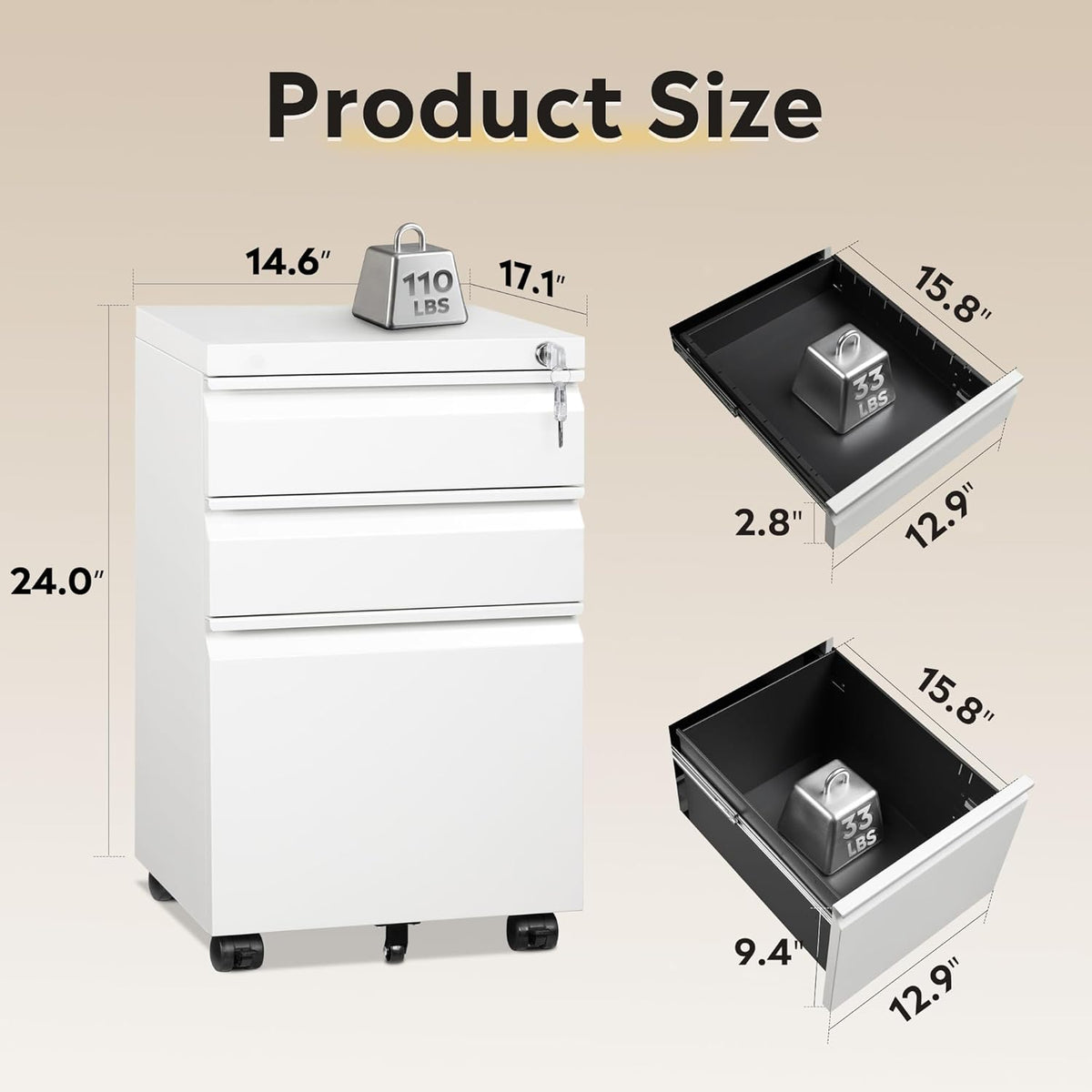 devaise 3 drawer mobile file cabinet, fully assembled, close-up detail