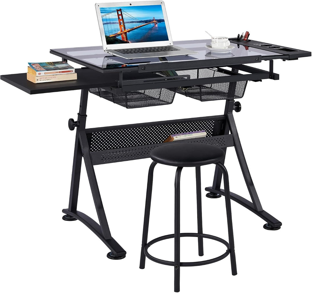 Yaheetech Drawing Table, Art Craft Desk with Adjustable Tabletop, Painters/Artist Work Station, Study Table with Stool, Tempered Glass Top