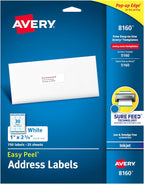 Avery Easy Peel Address Labels, Inkjet Printers, White, 1" x 2-5/8", Box of 750 Labels (08160)