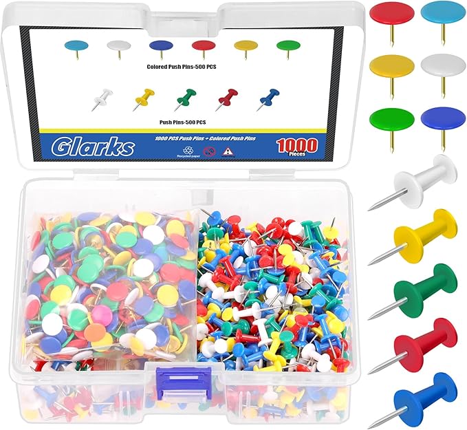 Glarks 1000pcs Vinyl-Coated Thumbtacks and Push Pins Set, Included 500pcs by Glarks