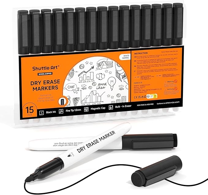 Shuttle Art Dry Erase Markers, 15 Pack Black Magnetic Whiteboard Markers by ShuttleArt