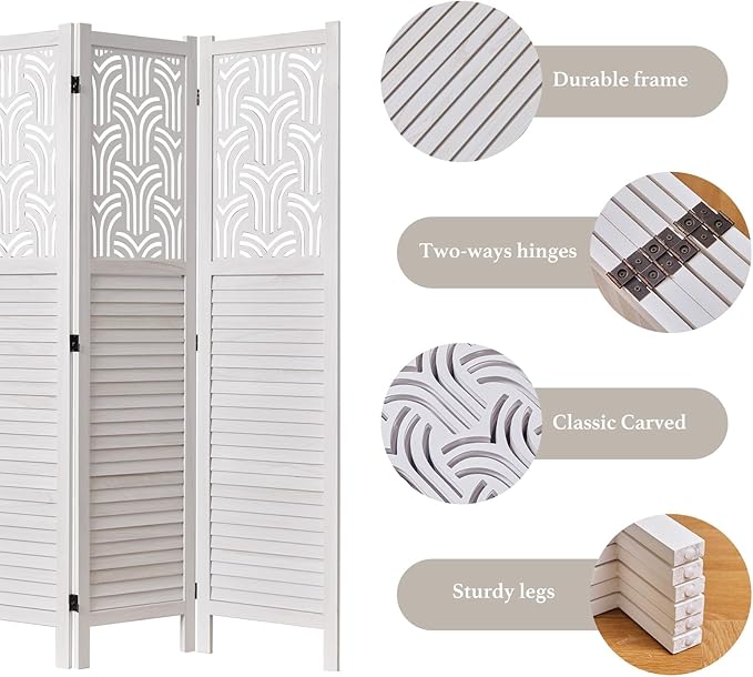 Svimi Folding Room Divider, 66.9 Inch 6 Panels Wood Carved Privacy Screens - Image 5