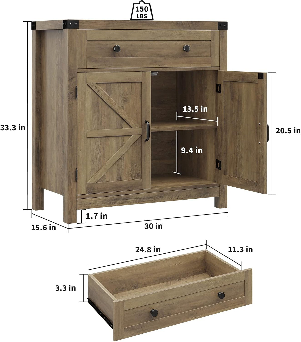 HOSTACK Kitchen Storage Cabinet, Farmhouse Coffee Bar Cabinet, Rustic Brown