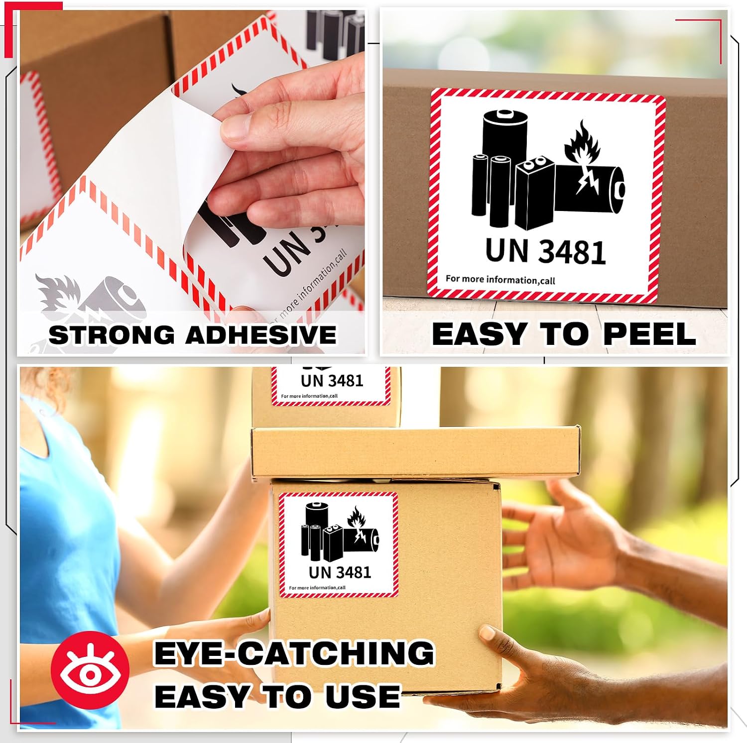 150 Pcs UN3481 Battery Labels Lithium Caution 4.7" X 4.3" | Lithium Ion Transport Caution Labels, Strong Adhesive for Shipping Packages, Fragile Warning Safety Stickers