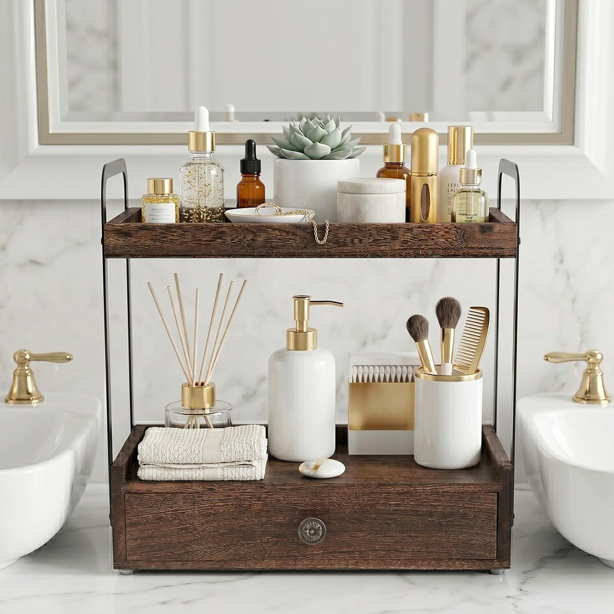 2-Tier Bathroom Counter Organizer with Drawer, Wooden Vanity Countertop Organ...