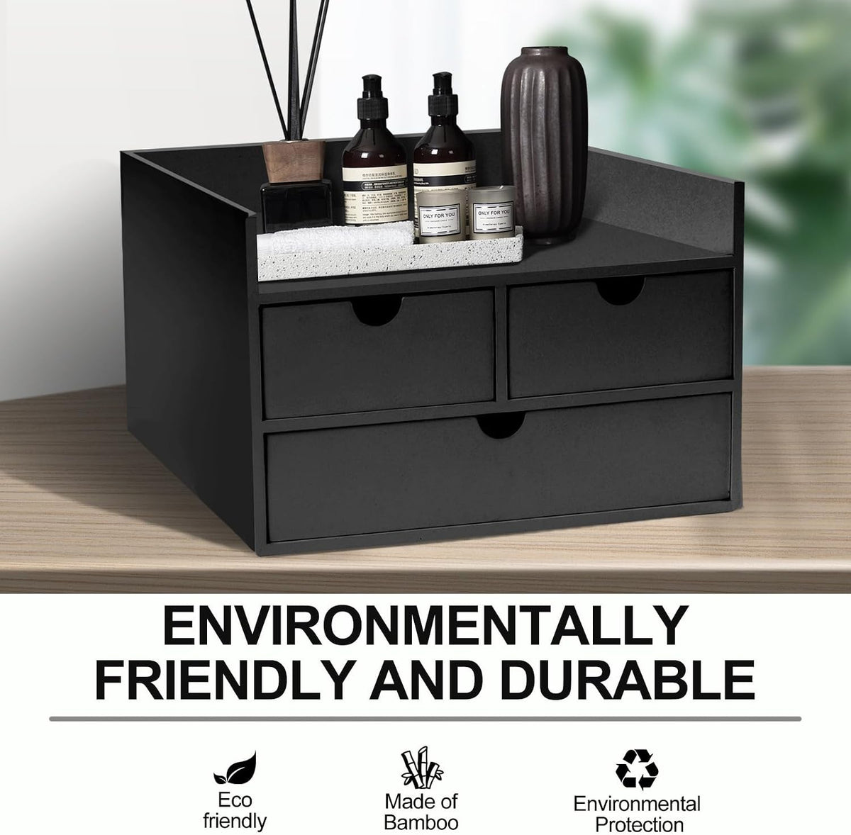 Charmewooden Bamboo Desk Organizer 3 Drawer with Shelf, Countertop Organizer ...