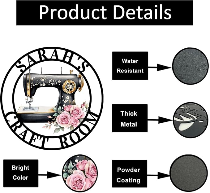 Custom Sewing Machine Metal Sign, Personalized Name Flowers Sewing Sign - Image 6