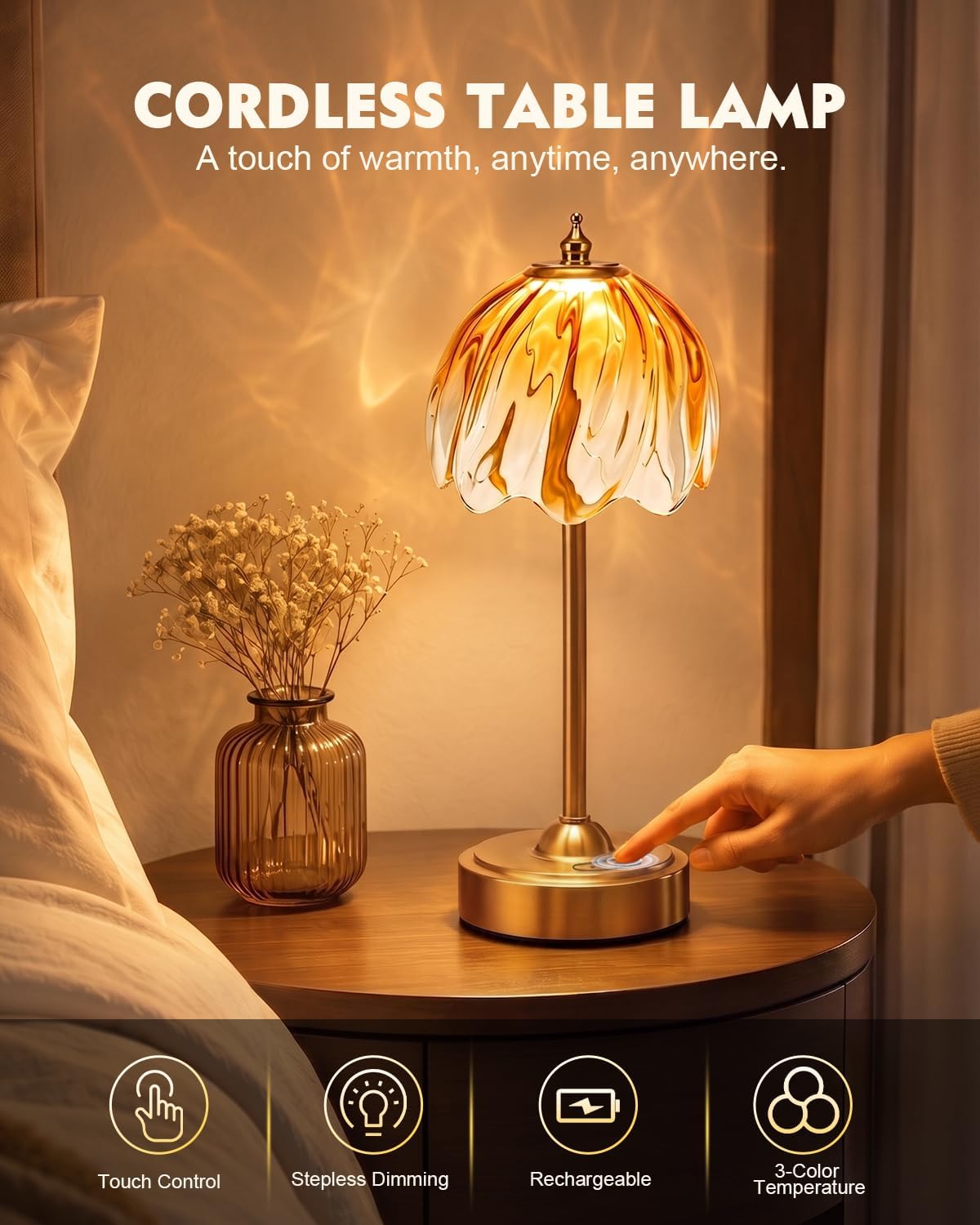Nusogon Cordless Flower Table Lamp, 5200mAh Small Rechargeable Touch Lamp
