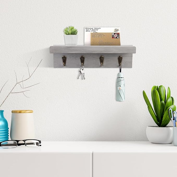 HRONRAD Rustic Key Holder for Wall, Farmhouse Wall Shelf - Image 2