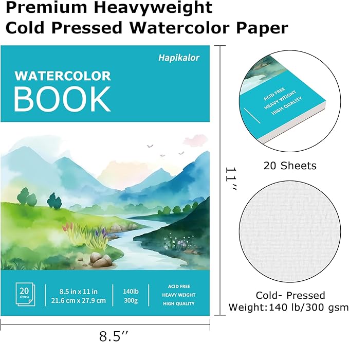 Hapikalor 8.5"x11" Watercolor Paper Pad, 140lb/300gsm Artist Painting Drawing - Image 2