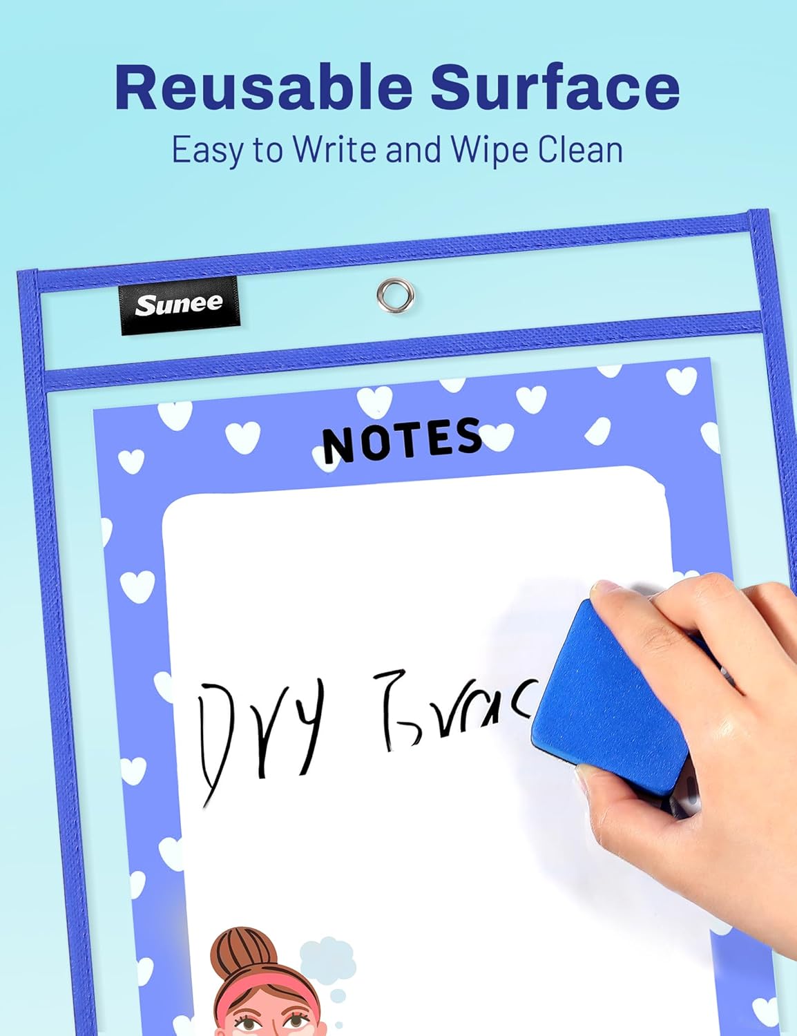 SUNEE 30 Packs Oversized Reusable Dry Erase Pocket Sleeves with 2 Rings, 10 Assorted Colors 10x14 Ticket Holders, Clear Plastic Sheet Protectors, Teacher School Classroom Supplies