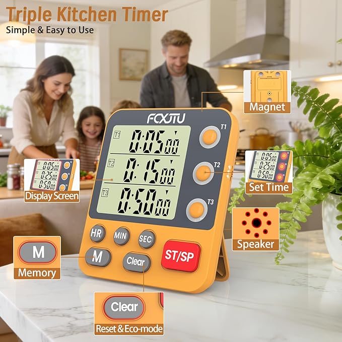 FCXJTU Digital Dual Triple Kitchen Timer, 3-Channel Magnetic Countdown Timer - Image 3