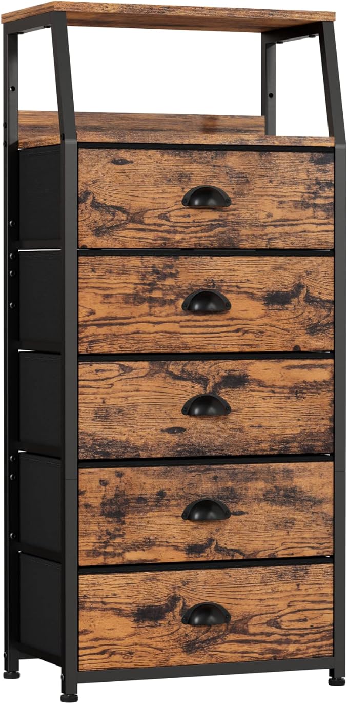 Furnulem Tall 5 Drawers Dresser, Vertical Storage Tower Fabric Dresser by Furnulem
