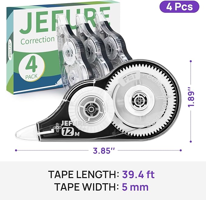 JEFURE 4 Pcs Correction Tape, 39.37 Ft White Wrong Out Tear-Resistant Bulk - Image 2