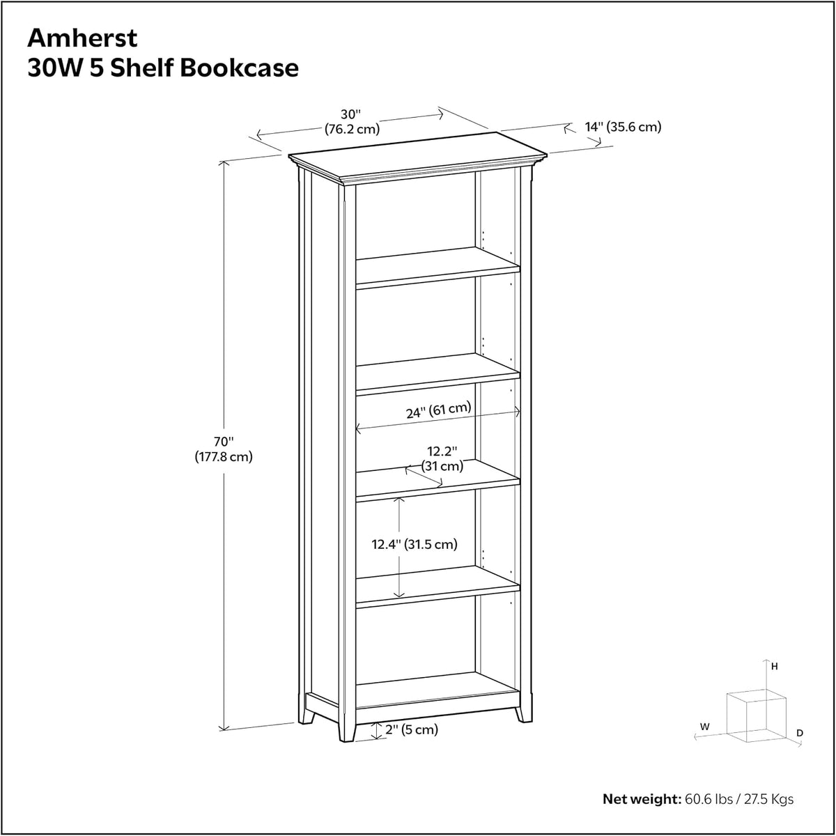 SIMPLIHOME Amherst 70" Tall Solid Wood 5-Shelf Bookcase in French Blue