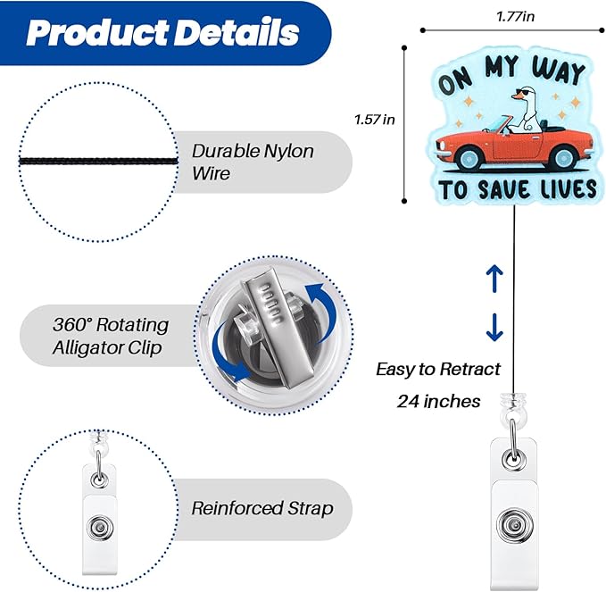 On My Way To Save Lives Funny Silly Goose Nurse Badge Reel, Cute Paramedic - Image 2