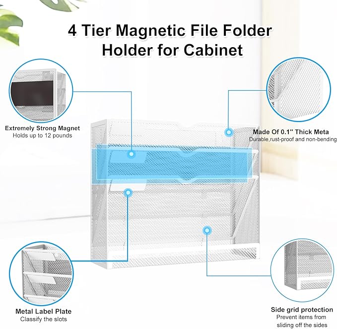 KZWKRG 4 Tier Magnetic File Holder, Large Capacity Mesh Hanging Wall Organizer - Image 3