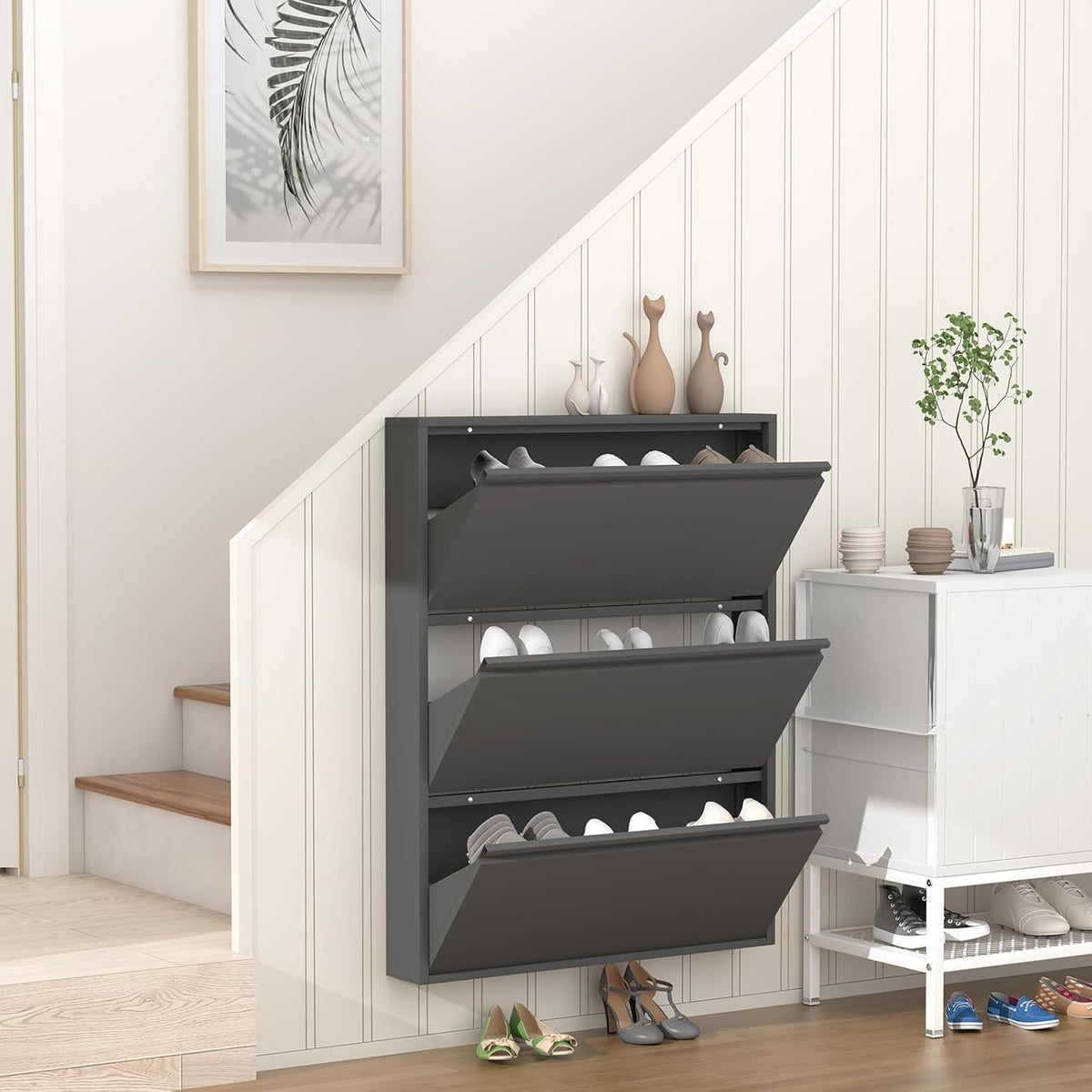 GREATMEET Slim Wall Mounted Metal Storage Cabinet with 3 Flip Drawers