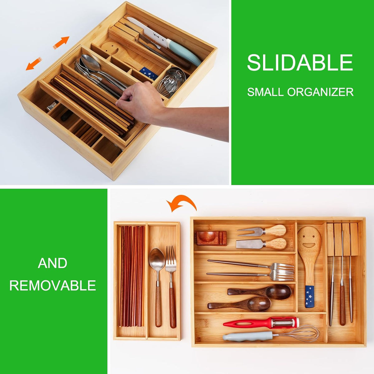 COIWAI Two tier Bamboo kitchen Drawer Organizer Cutlery Utensil Silverware Or...