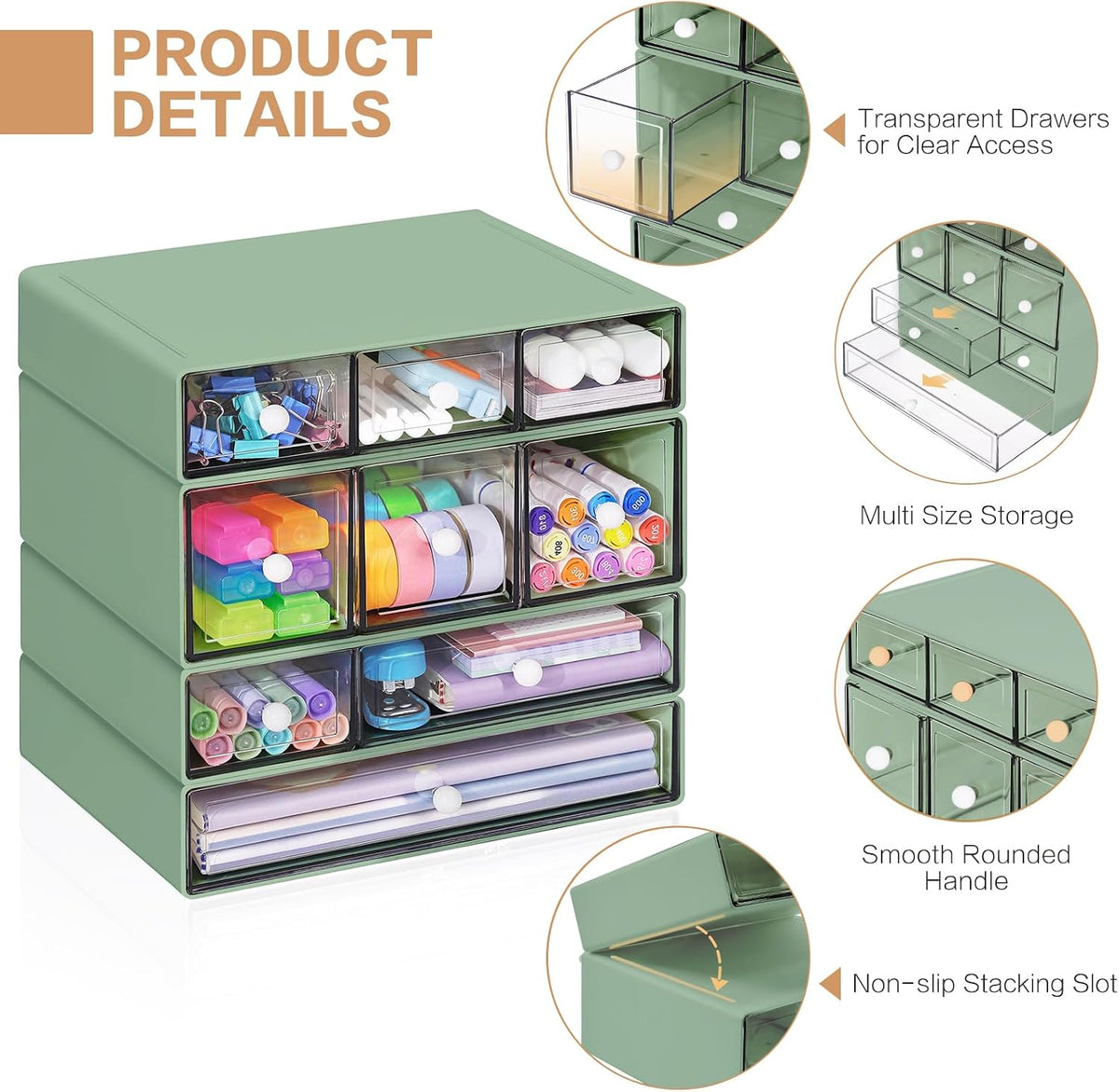 desk storage organizer with 9 drawers, 4 tiers, side view