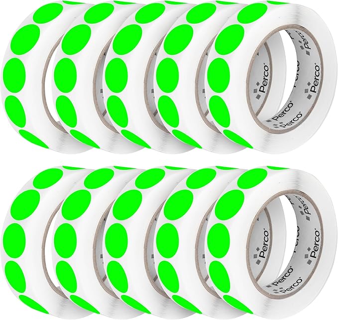Perco Fluorescent Green 1-Inch Perforated Circle Dot Sticker Labels — 10 Rolls by Perco